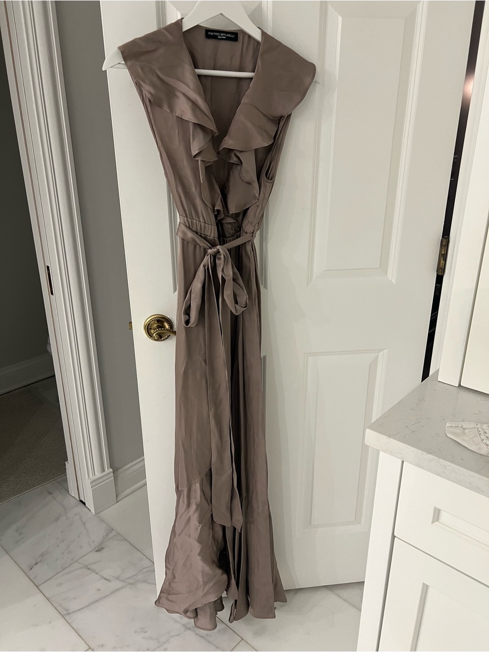 Pietro Brunnelli Ruffled Sleeveless Maternity Maxi Dress in Taupe